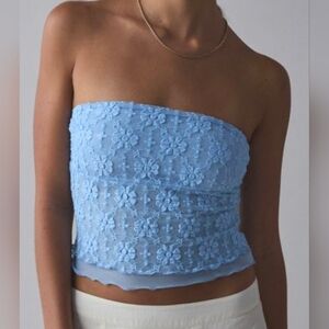 Kimchi Blue Powder Blue Floral Lace Strapless Crop Top